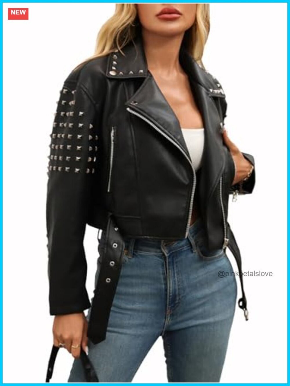 Faux Leather Cropped Moto Jacket with Rivet Studs Punk Streetwear